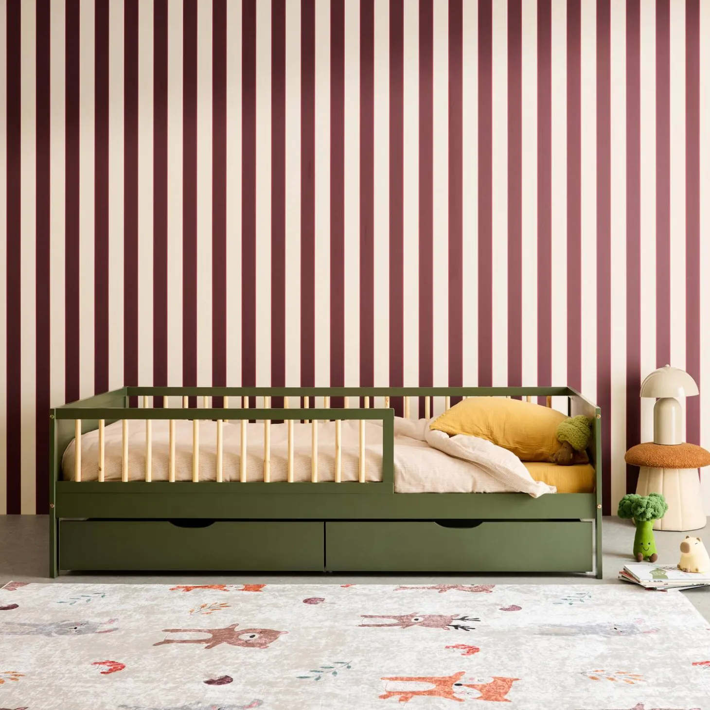 Cama nido infantil 190cm pino natural con somier de láminas y cajones