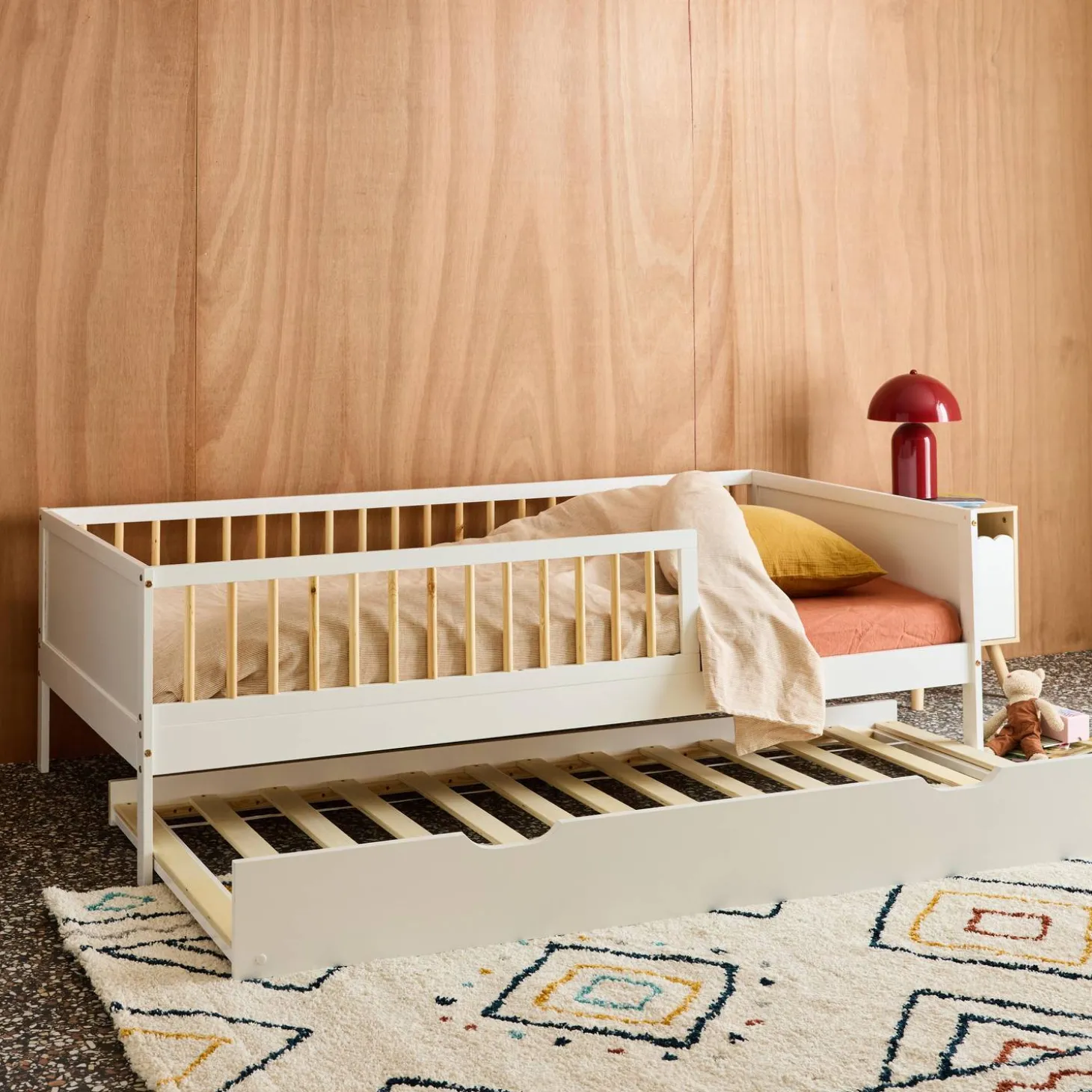 Cama nido infantil extraible 190cm pino natural con somier de láminas y cajón