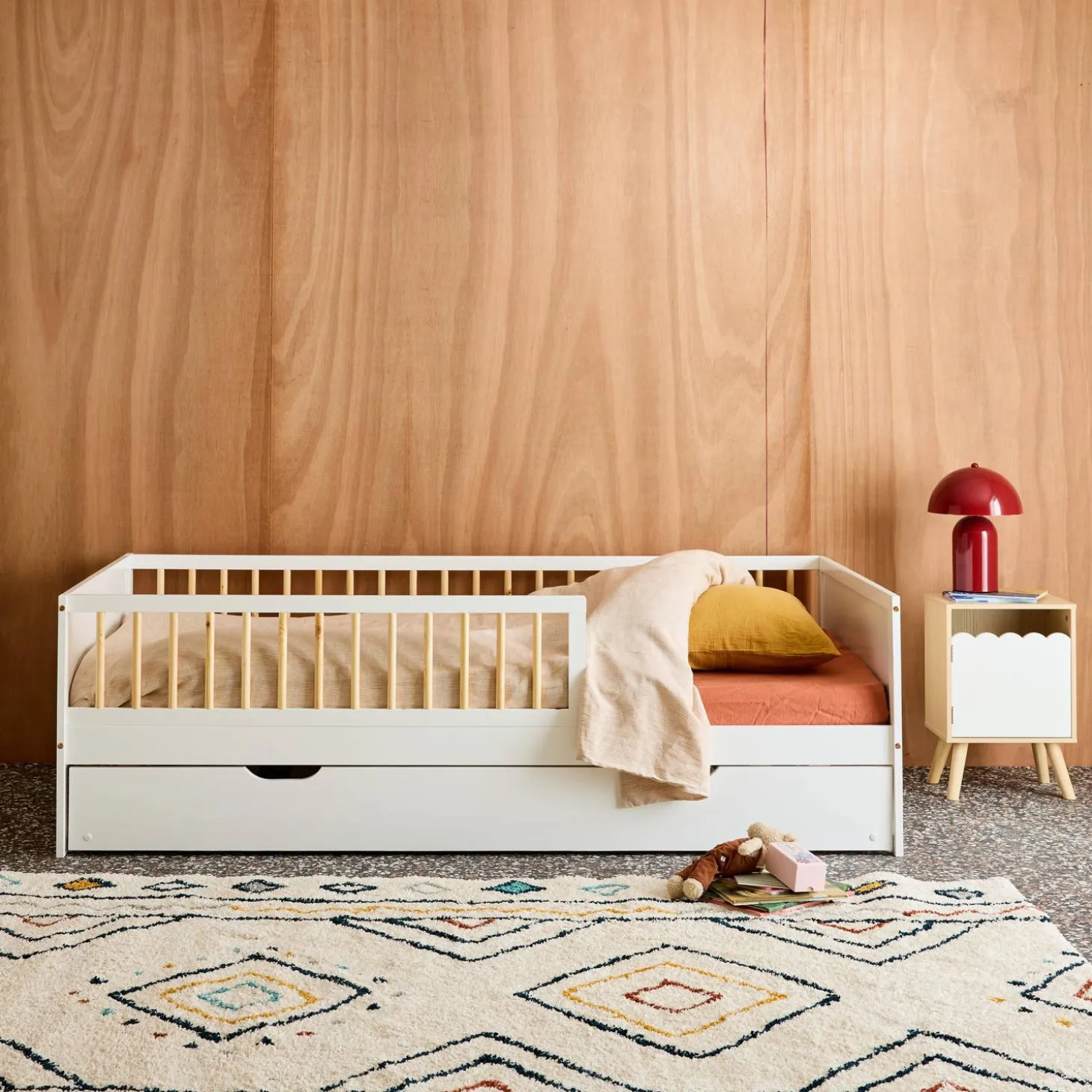 Cama nido infantil extraible 190cm pino natural con somier de láminas y cajón