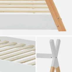 Cama tipi infantil de pino natural con base, 90cm