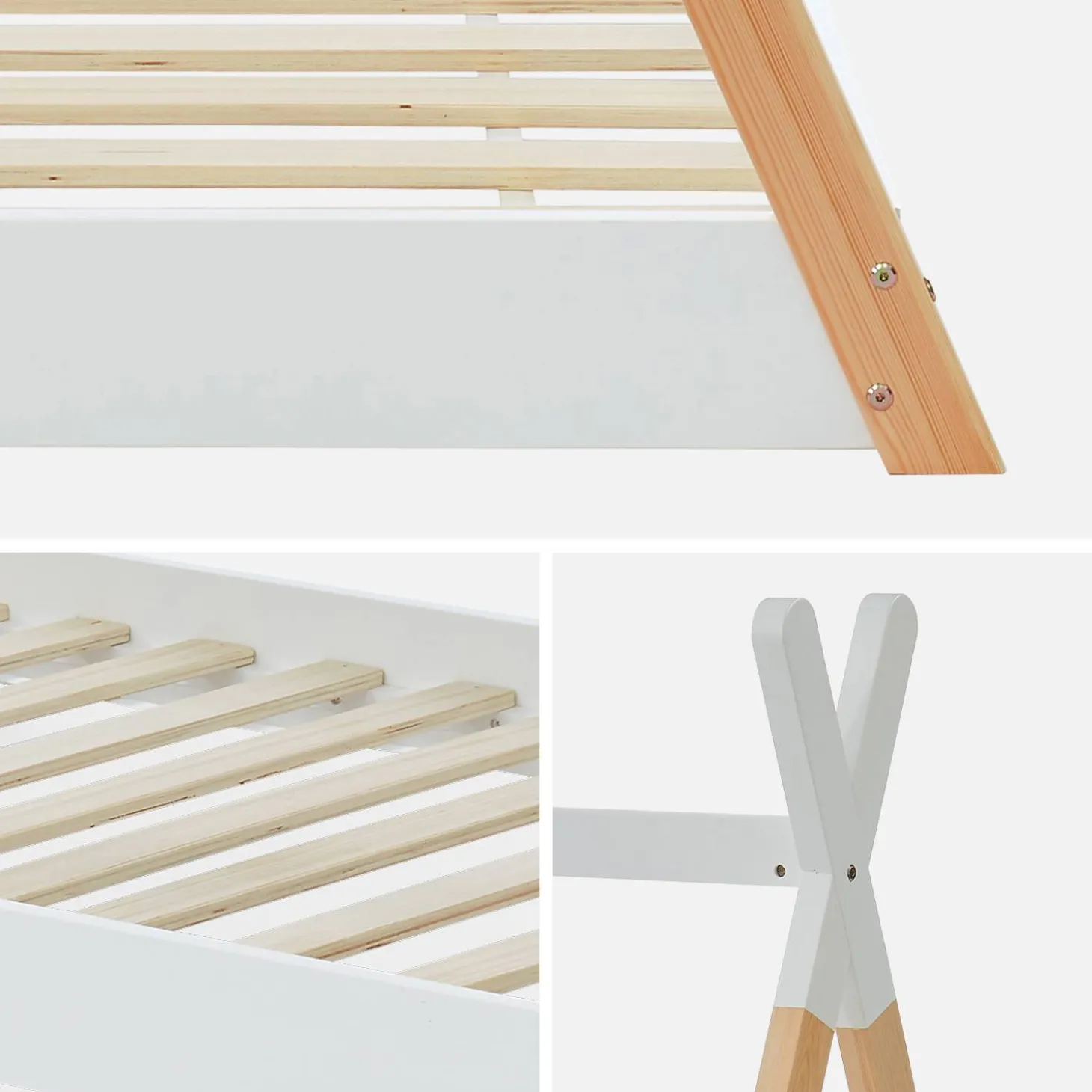 Cama tipi infantil de pino natural con base, 90cm