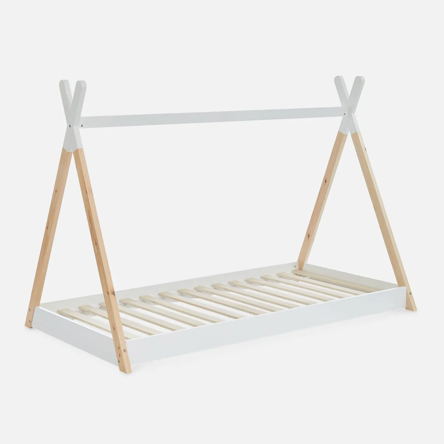 Cama tipi infantil de pino natural con base, 90cm