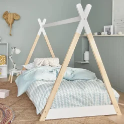Cama tipi infantil de pino natural con base, 90cm
