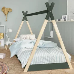 Cama tipi infantil de pino natural con base, 90cm