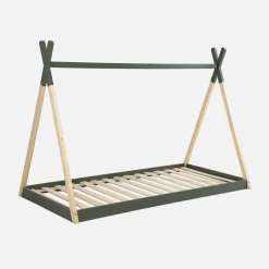 Cama tipi infantil de pino natural con base, 90cm