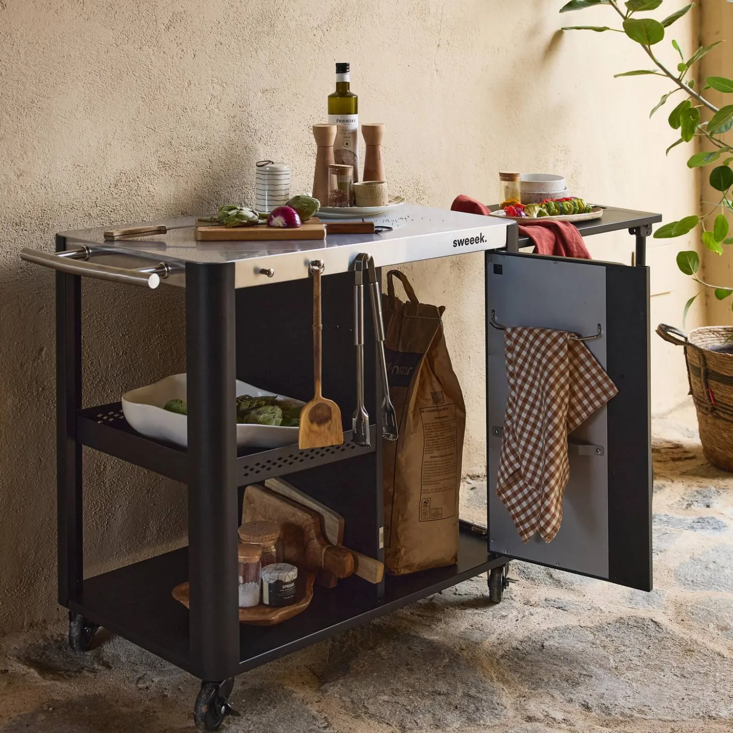 Carrito de cocina exterior de acero inoxidable de 94,5 cm con estante plegable
