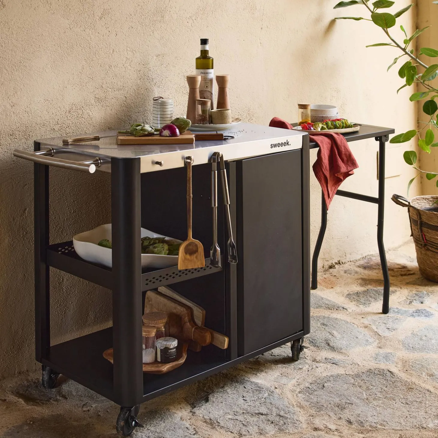 Carrito de cocina exterior de acero inoxidable de 94,5 cm con estante plegable