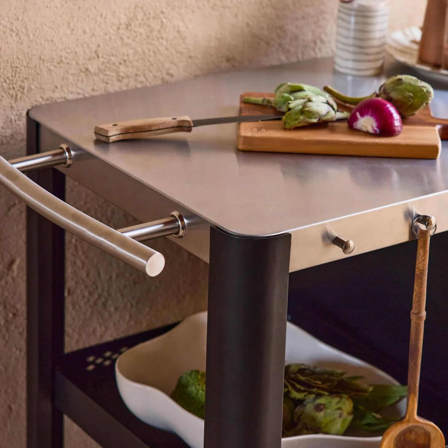 Carrito de cocina exterior de acero inoxidable de 94,5 cm con estante plegable
