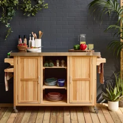 Carrito de cocina exterior de madera de abeto 130cm con asas, 7 espacios de almacenamiento
