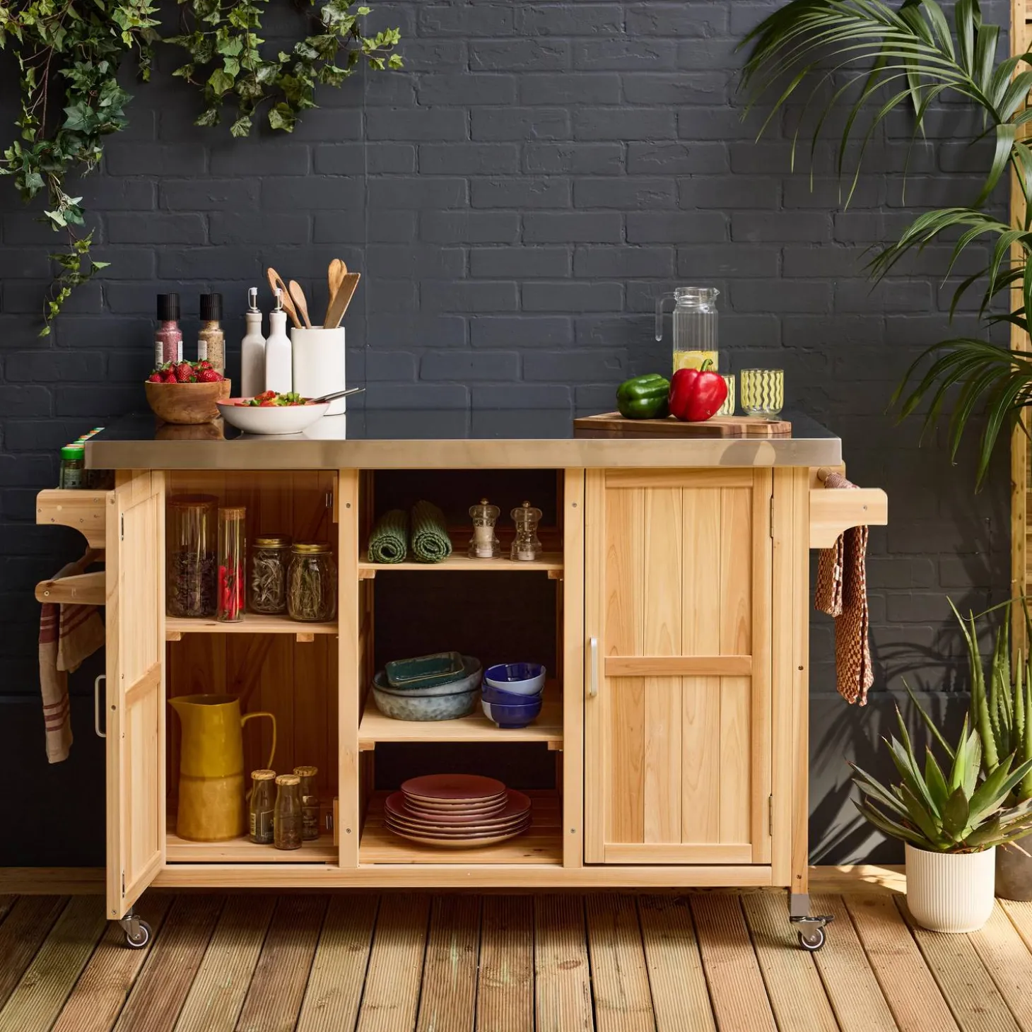 Carrito de cocina exterior de madera de abeto 130cm con asas, 7 espacios de almacenamiento