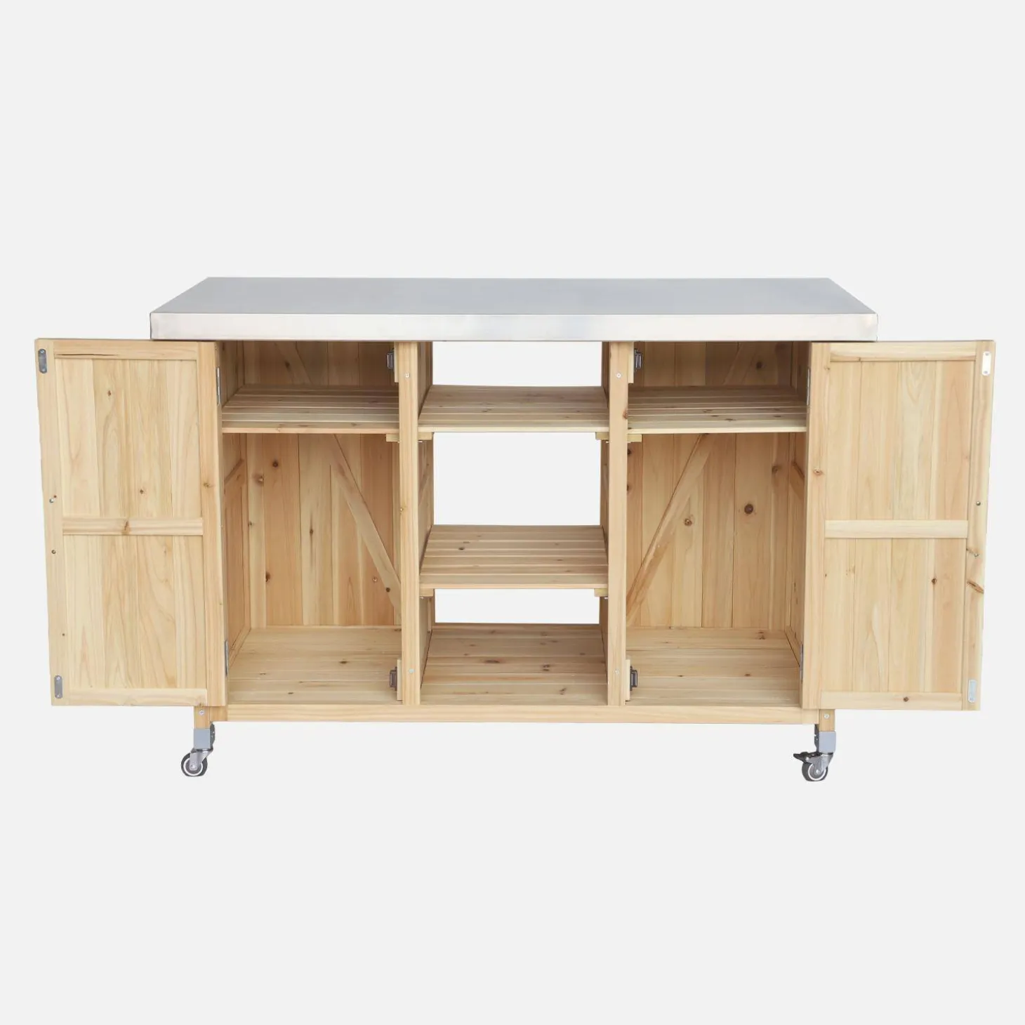 Carrito de cocina exterior de madera de abeto 130cm con asas, 7 espacios de almacenamiento