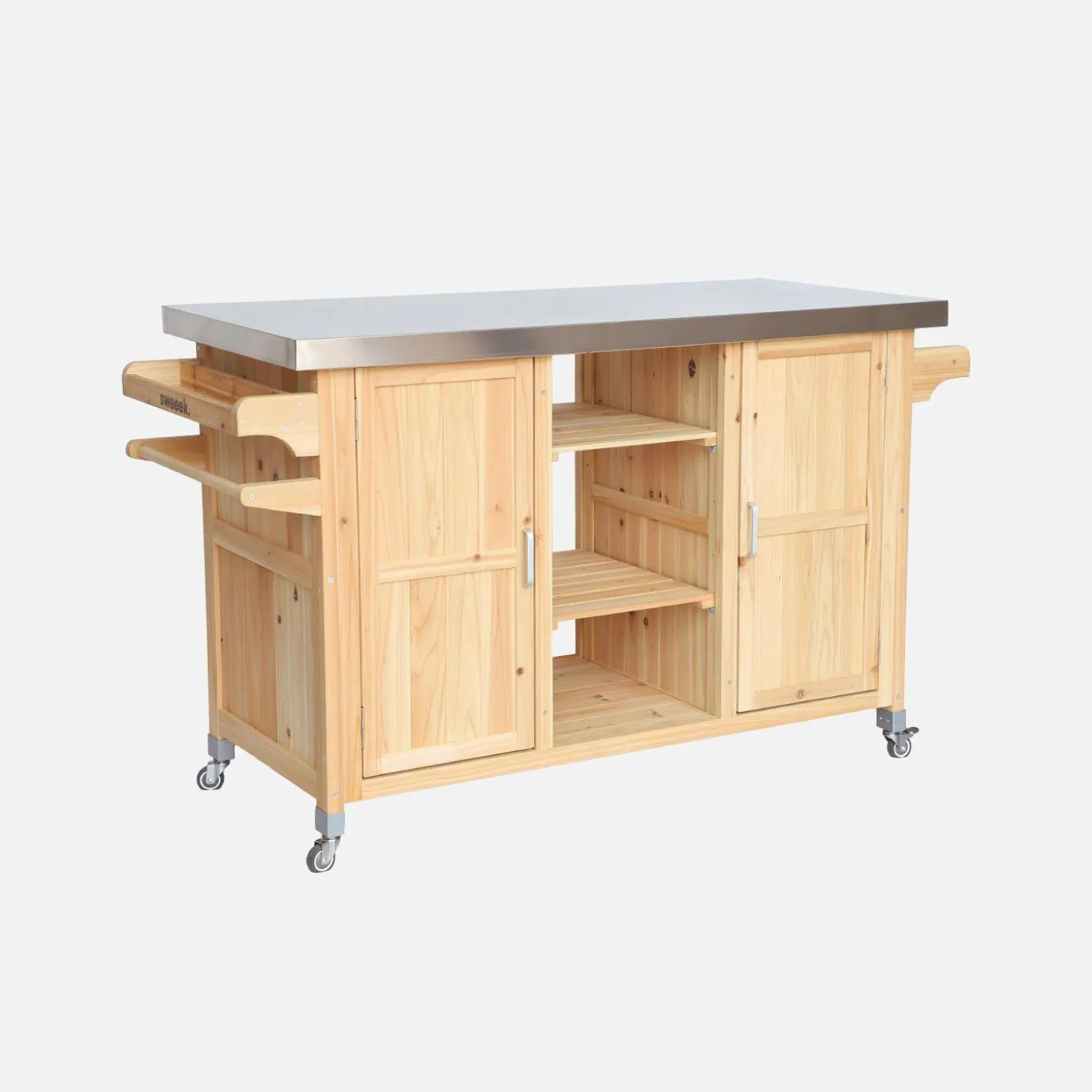 Carrito de cocina exterior de madera de abeto 130cm con asas, 7 espacios de almacenamiento