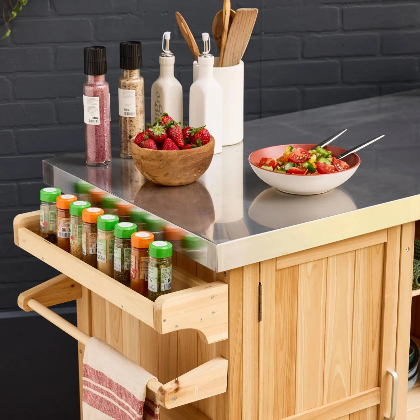 Carrito de cocina exterior de madera de abeto 130cm con asas, 7 espacios de almacenamiento
