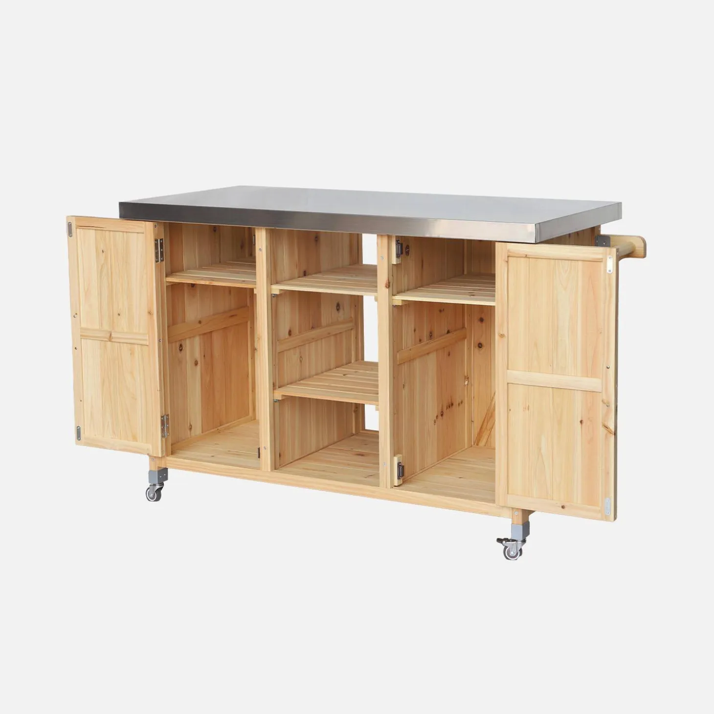 Carrito de cocina exterior de madera de abeto 130cm con asas, 7 espacios de almacenamiento