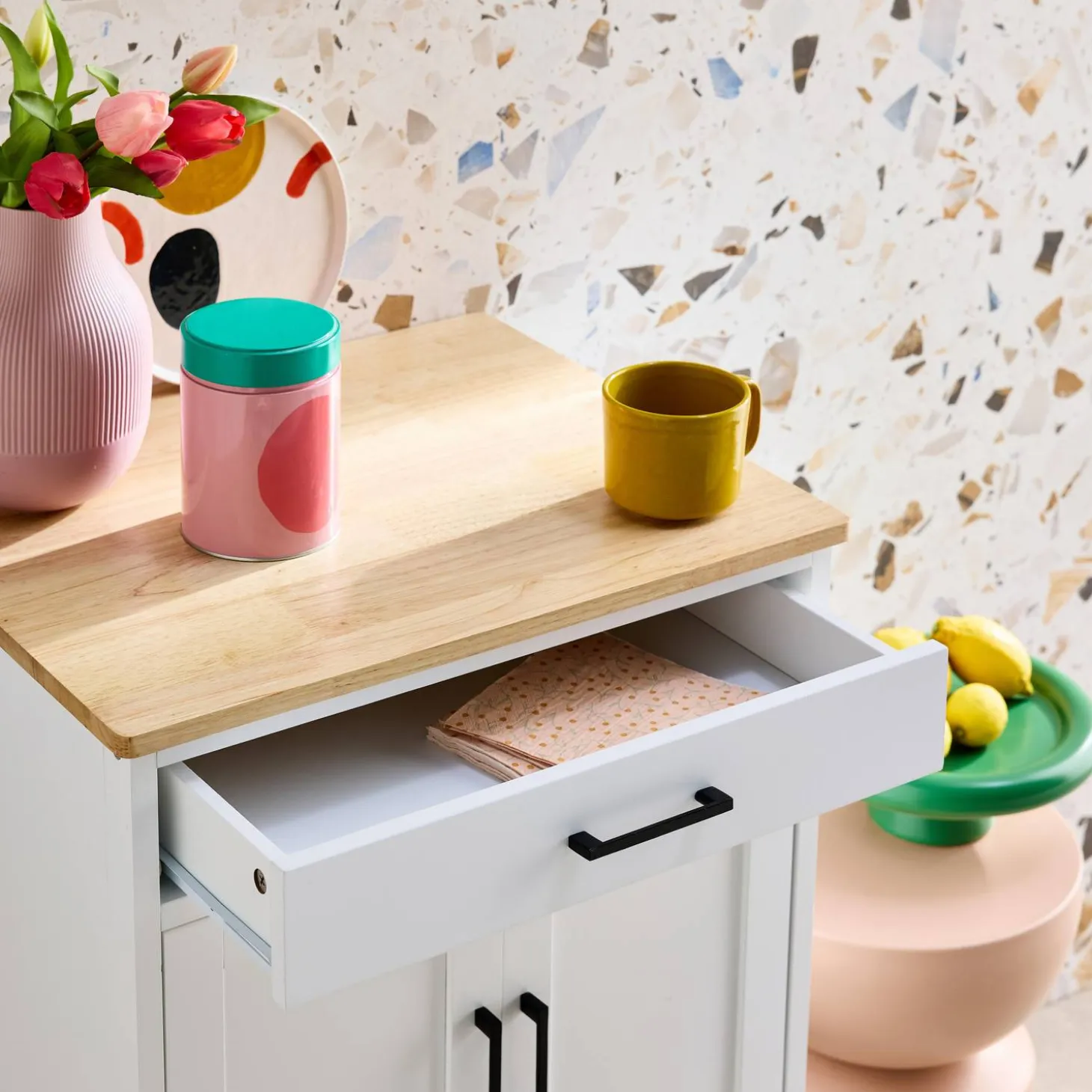Carro de cocina con encimera de madera de pino