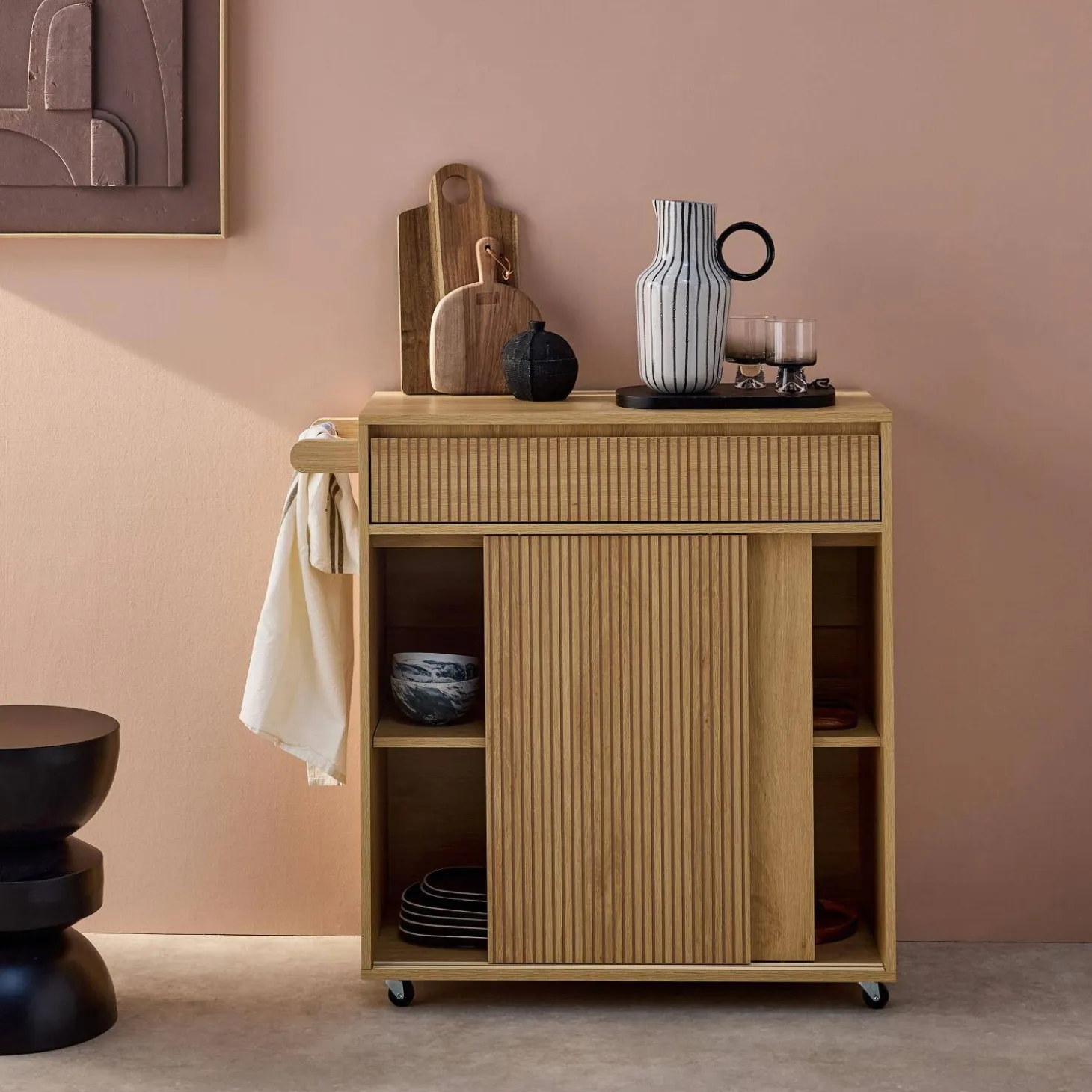 Carro de cocina de madera con 1 tirador y 1 cajón 2 puertas
