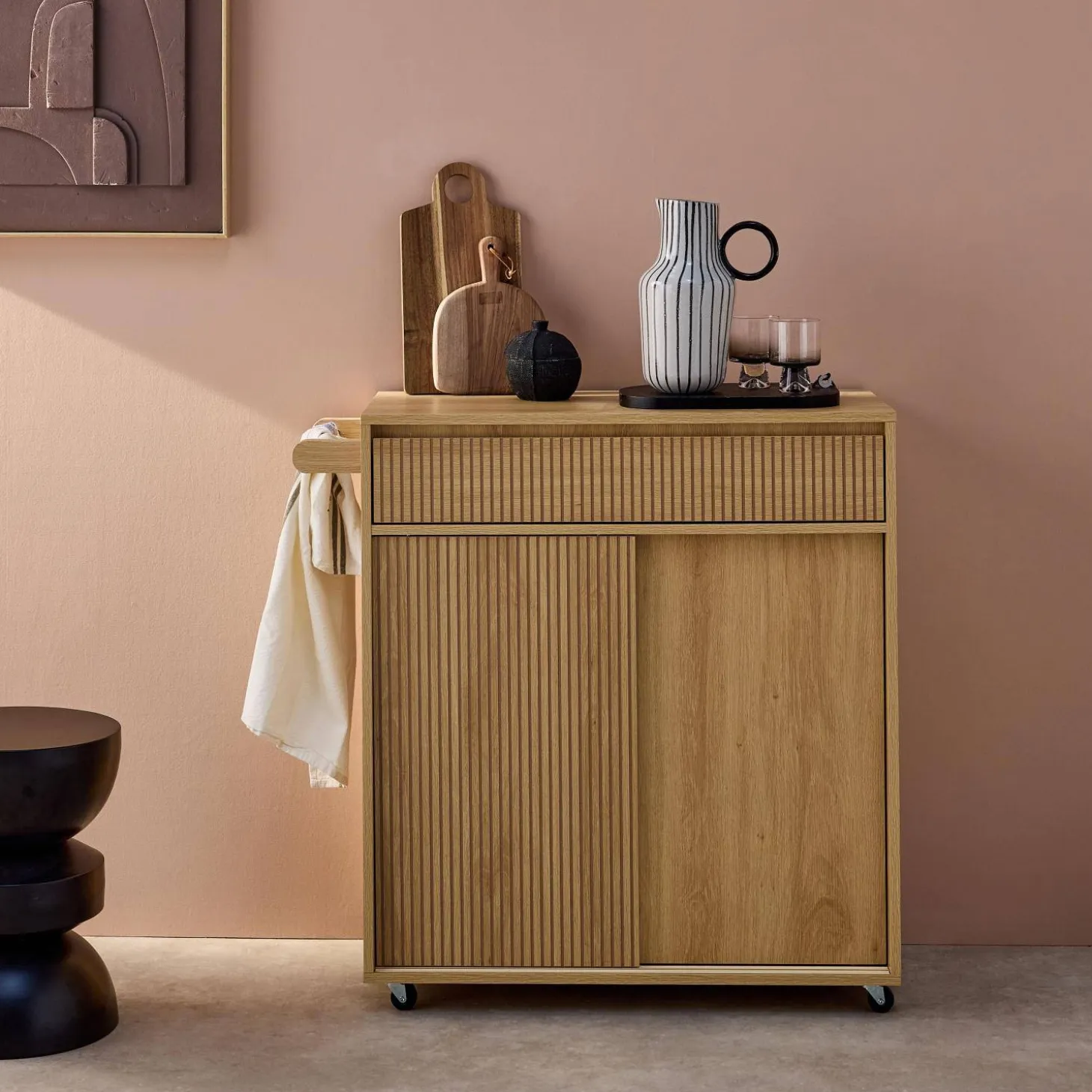 Carro de cocina de madera con 1 tirador y 1 cajón 2 puertas
