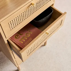 Cómoda con decoración de madera y mimbre, 4 cajones