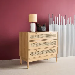Cómoda con decoración madera y mimbre, 3 cajones
