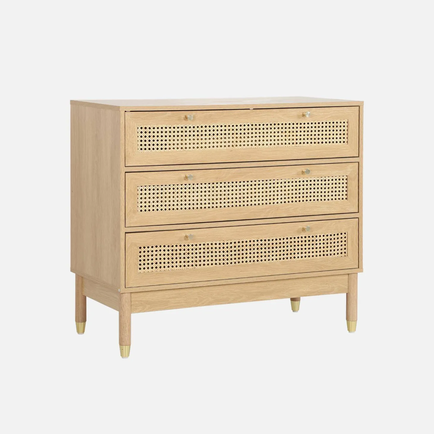 Cómoda con decoración madera y mimbre, 3 cajones