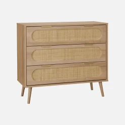 Cómoda con efecto madera y caña redondeada, 3 cajones