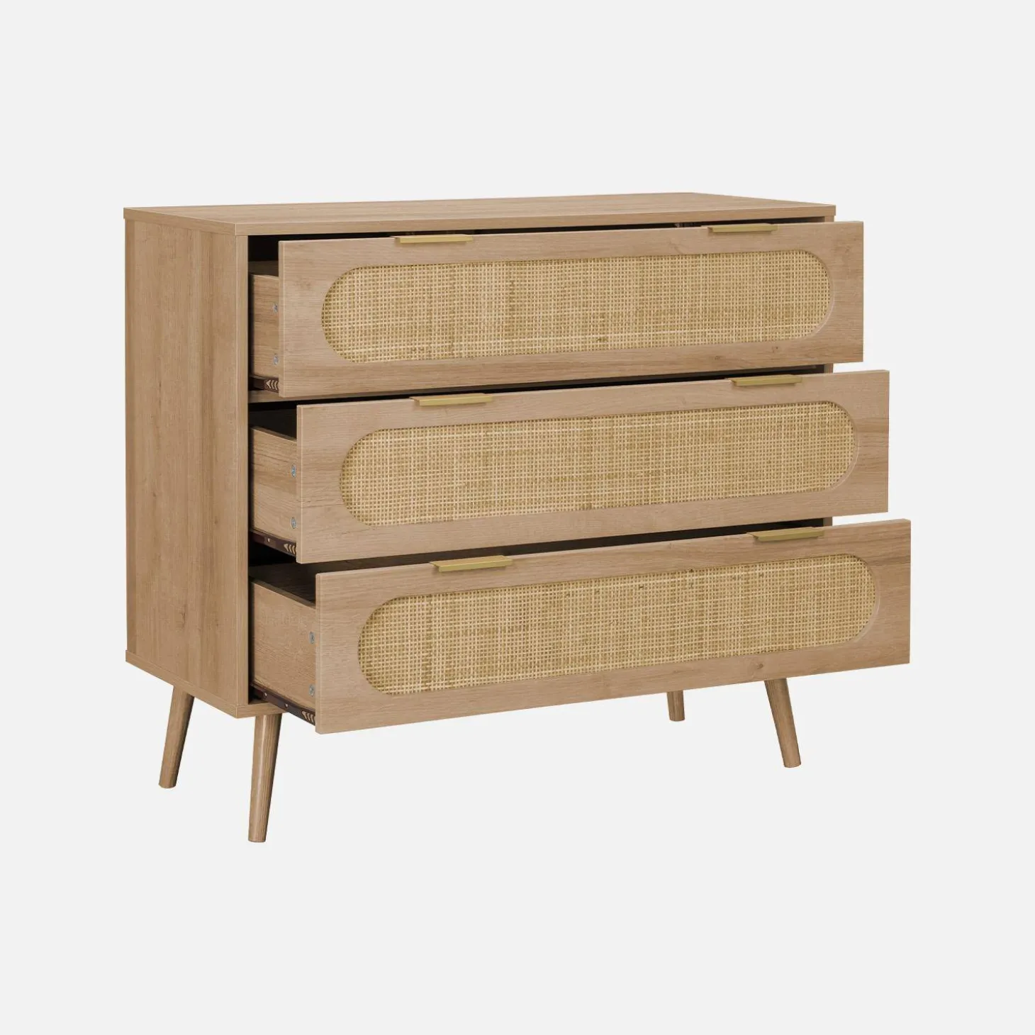 Cómoda con efecto madera y caña redondeada, 3 cajones
