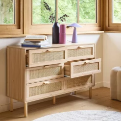 Cómoda de 6 cajones con caña y efecto madera