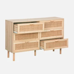 Cómoda de 6 cajones con caña y efecto madera