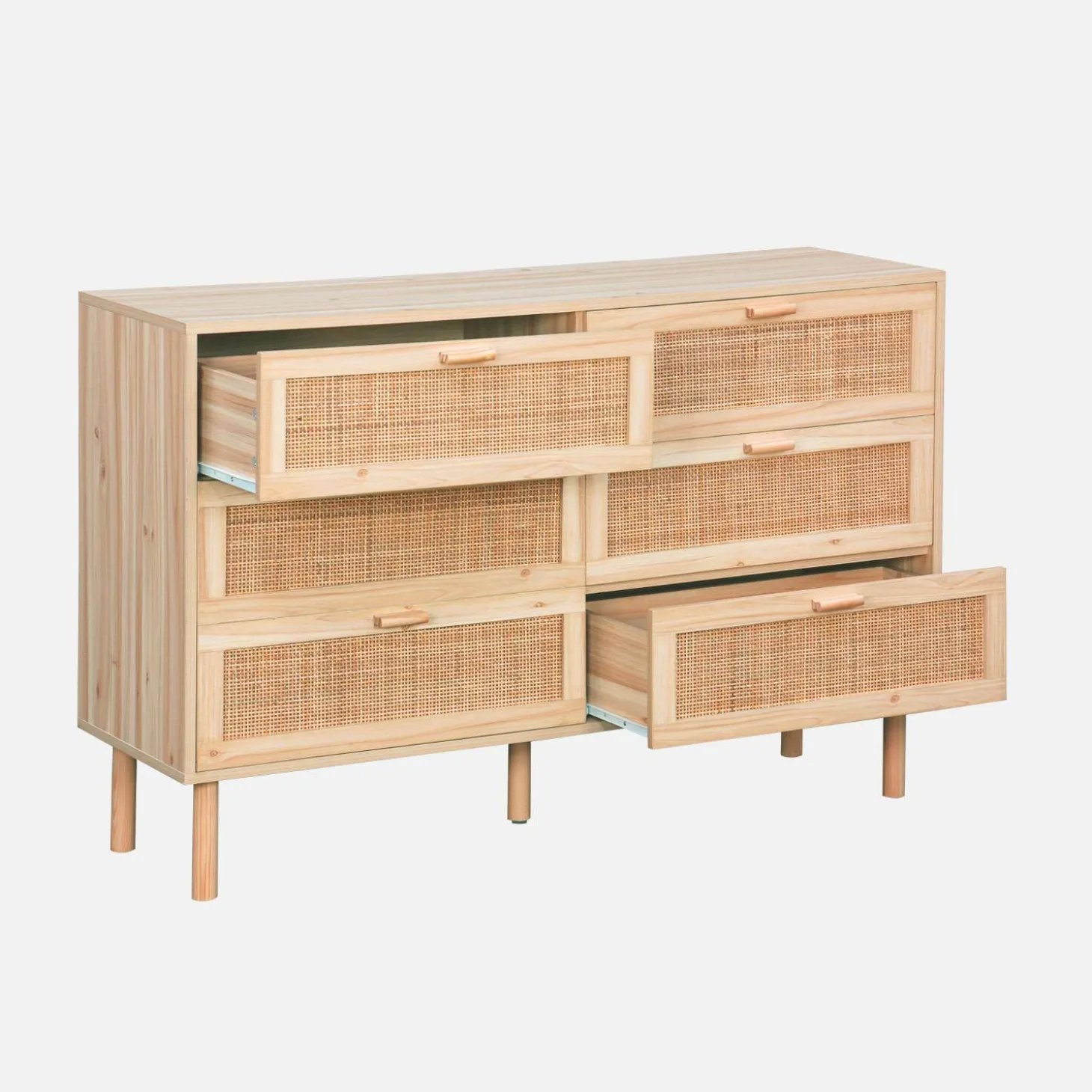 Cómoda de 6 cajones con caña y efecto madera