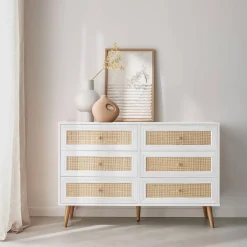 Cómoda de 6 cajones con efecto madera y caña