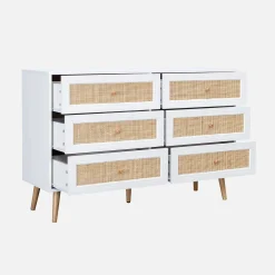 Cómoda de 6 cajones con efecto madera y caña