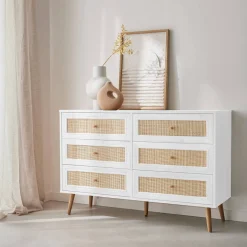Cómoda de 6 cajones con efecto madera y caña