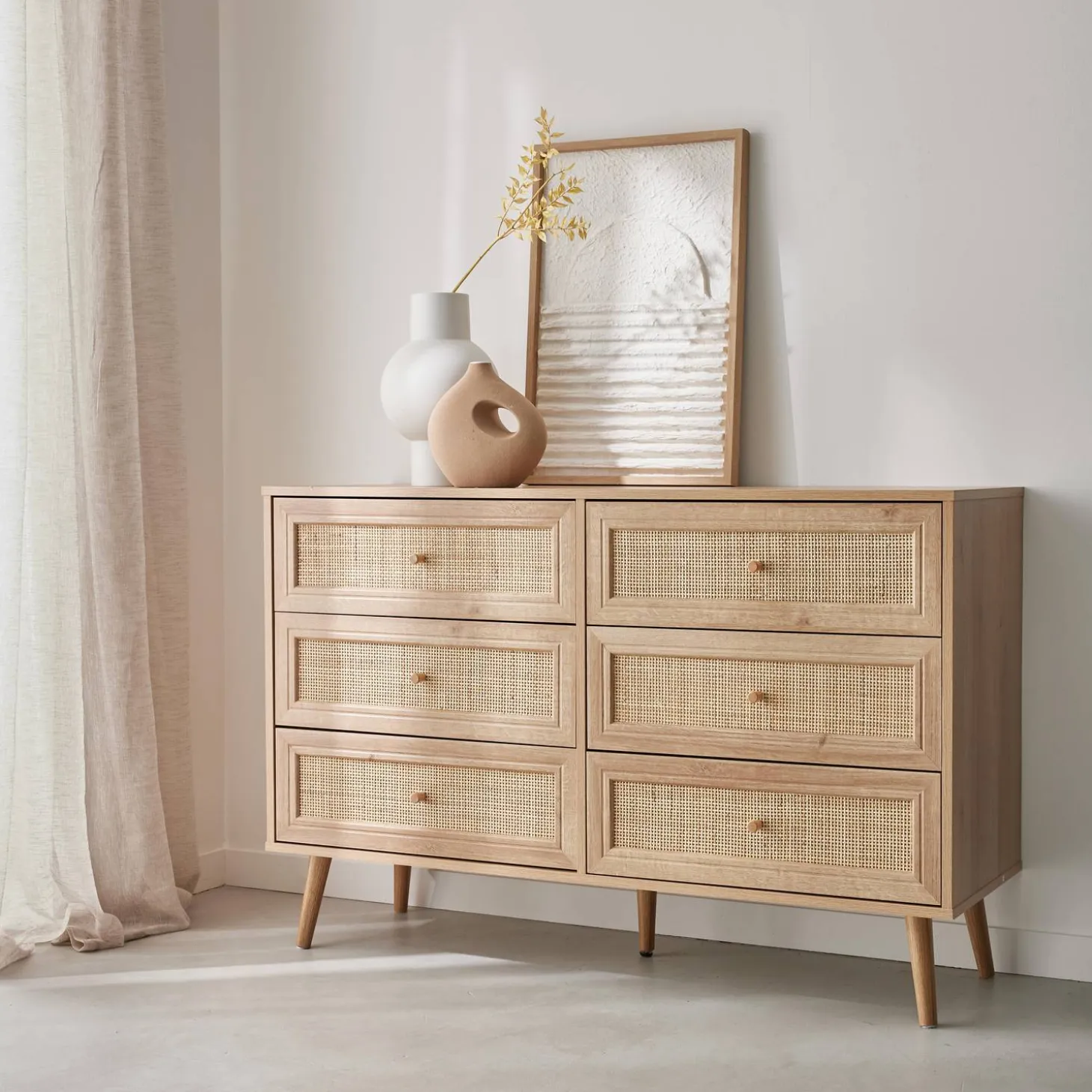 Cómoda de 6 cajones con efecto madera y caña