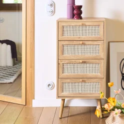 Cómoda de 4 cajones efecto madera y caña