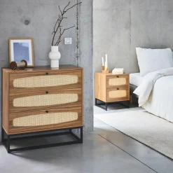 Cómoda de madera y caña, 3 cajones