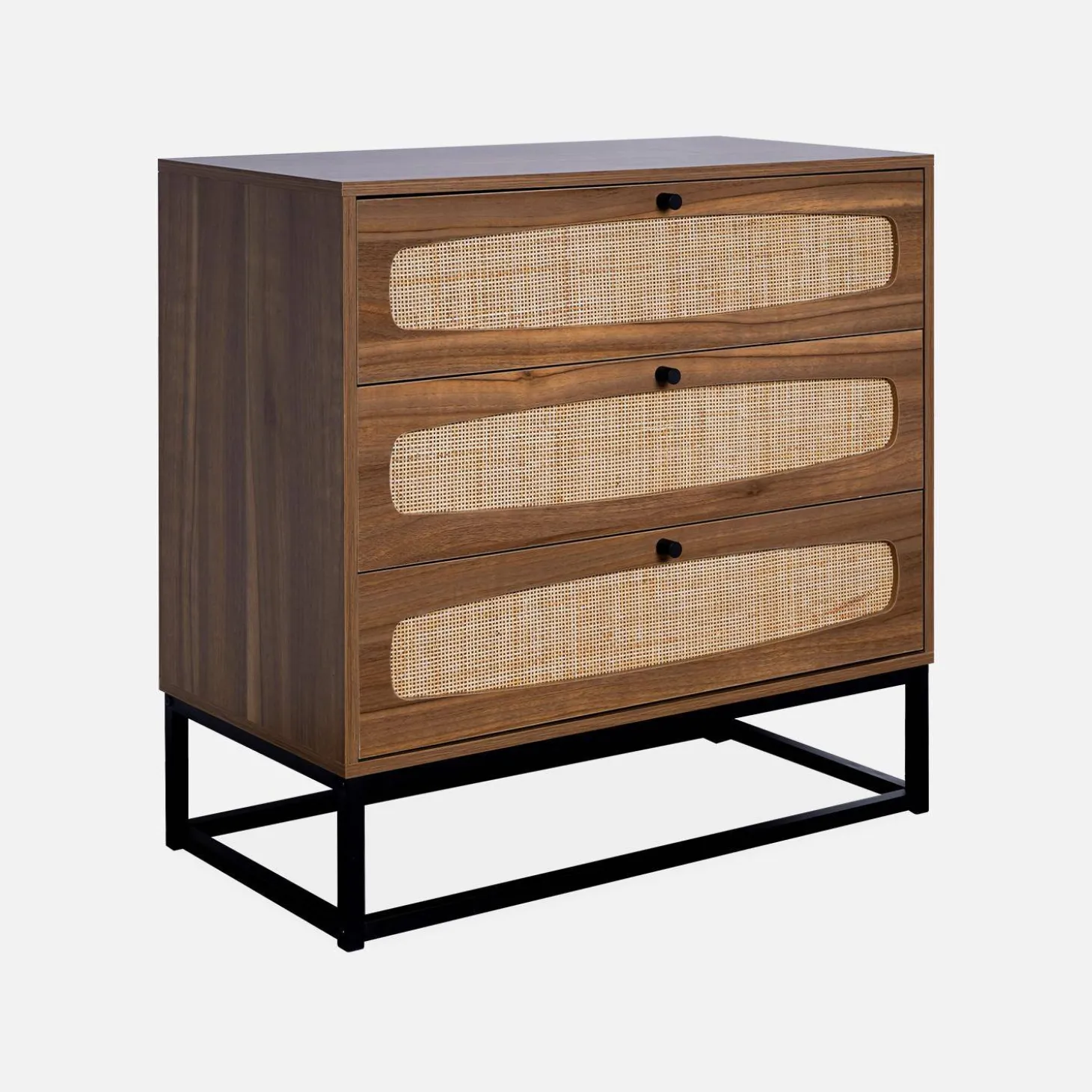 Cómoda de madera y caña, 3 cajones