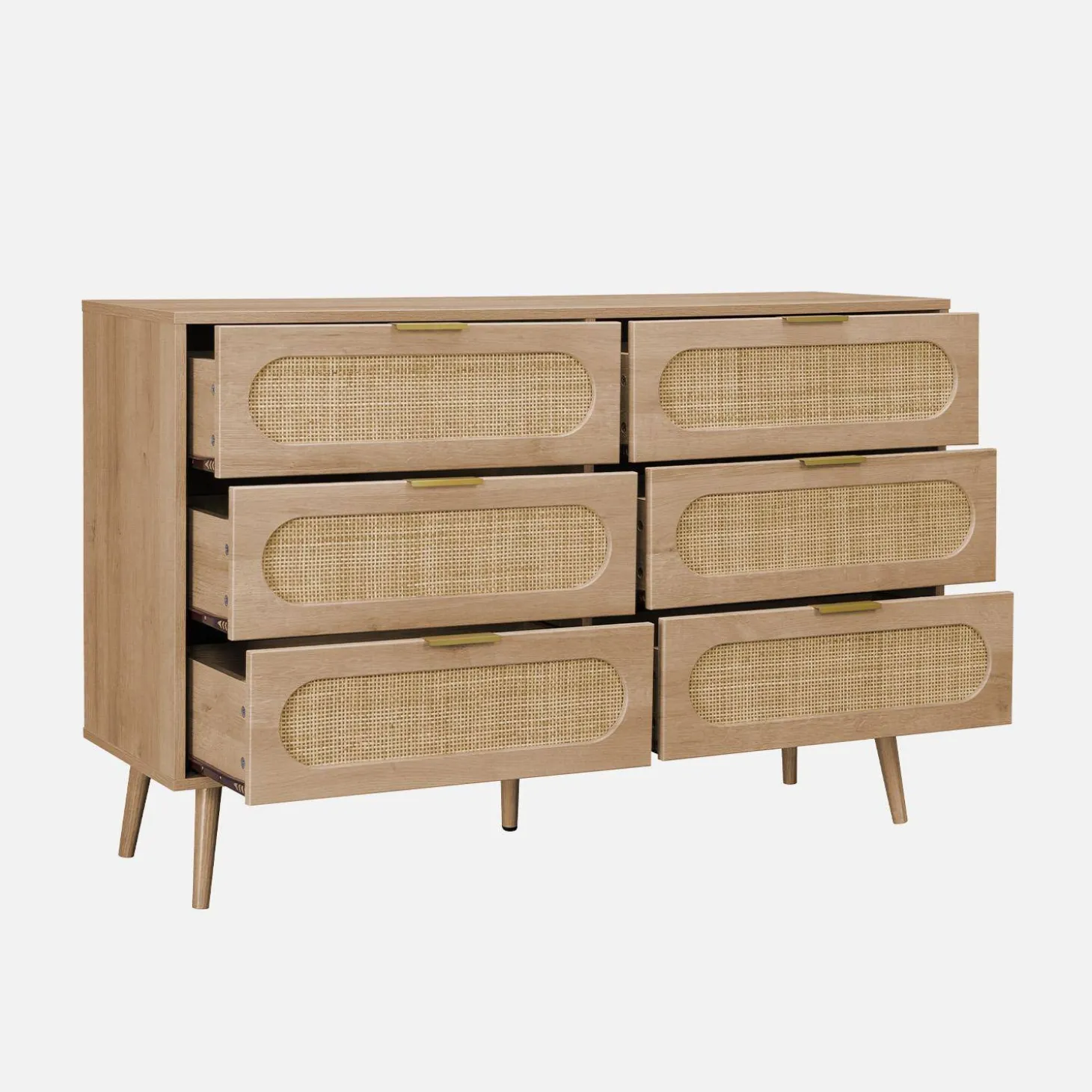Cómoda de madera y caña redondeada, 6 cajones