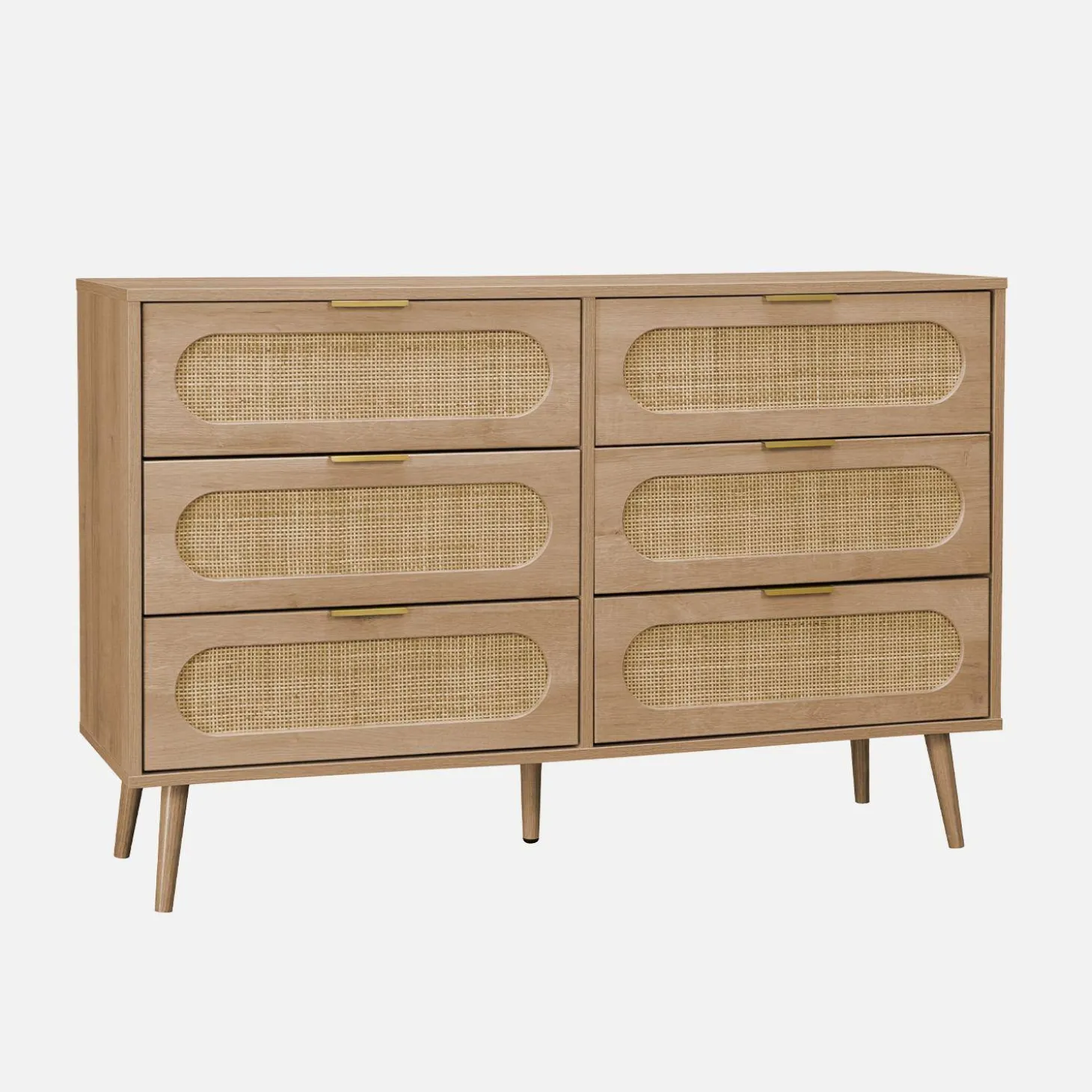 Cómoda de madera y caña redondeada, 6 cajones