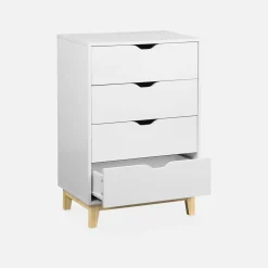 Cómoda efecto madera con patas de madera, 4 cajones