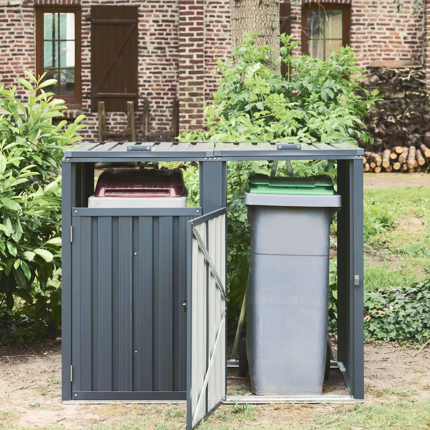 Cobertizo para cubo de basura de acero galvanizado gris