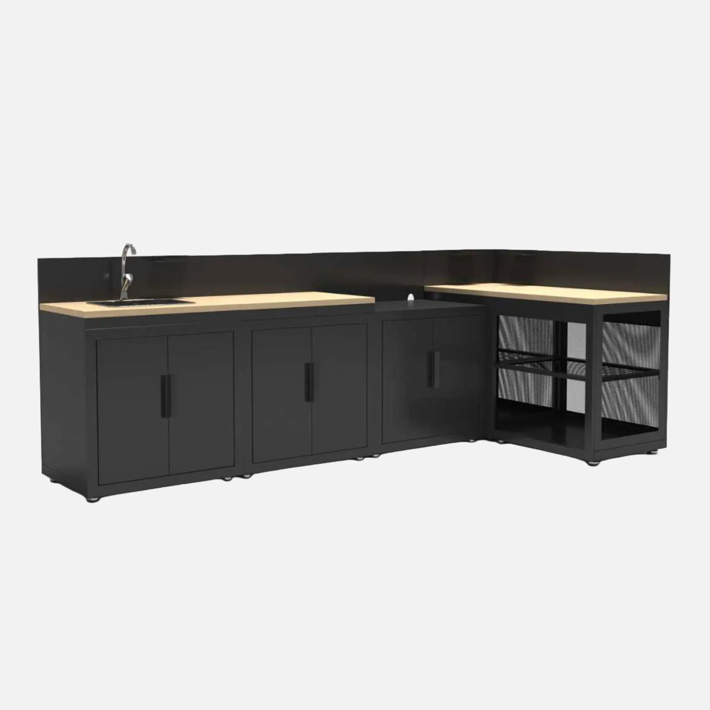 Cocina de exterior 5 módulos acero y decoración madera