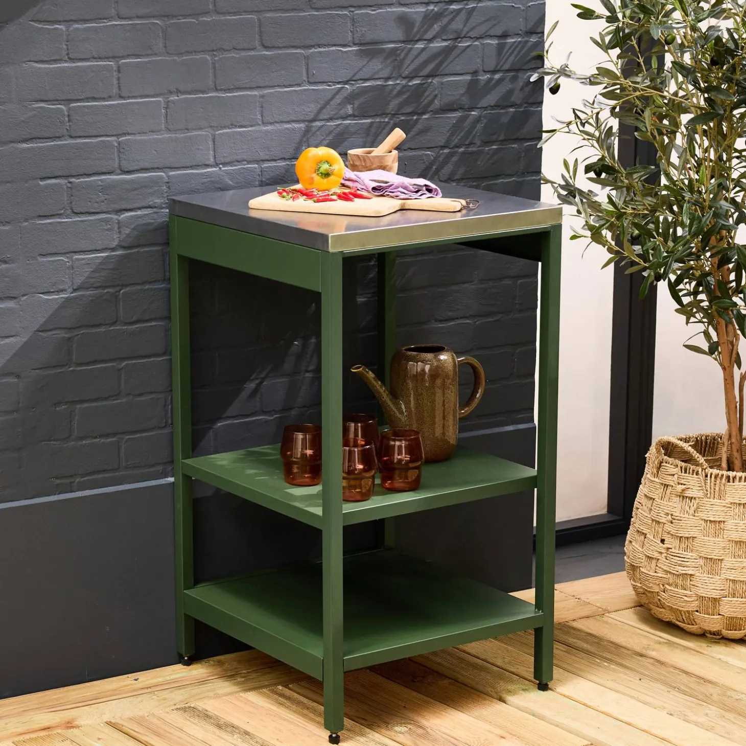 Cocina de exterior de acero con 2 estantes, 49cm
