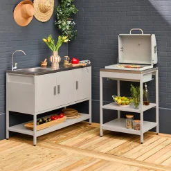 Cocina exterior 2 módulos acero inoxidable barbacoa de carbón con fregadero