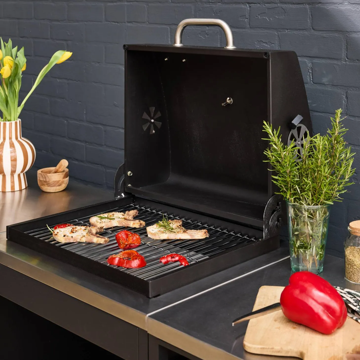 Cocina exterior 3 módulos acero inoxidable con barbacoa de carbón