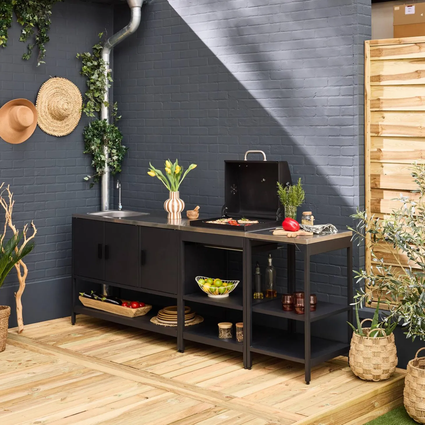Cocina exterior 3 módulos acero inoxidable con barbacoa de carbón