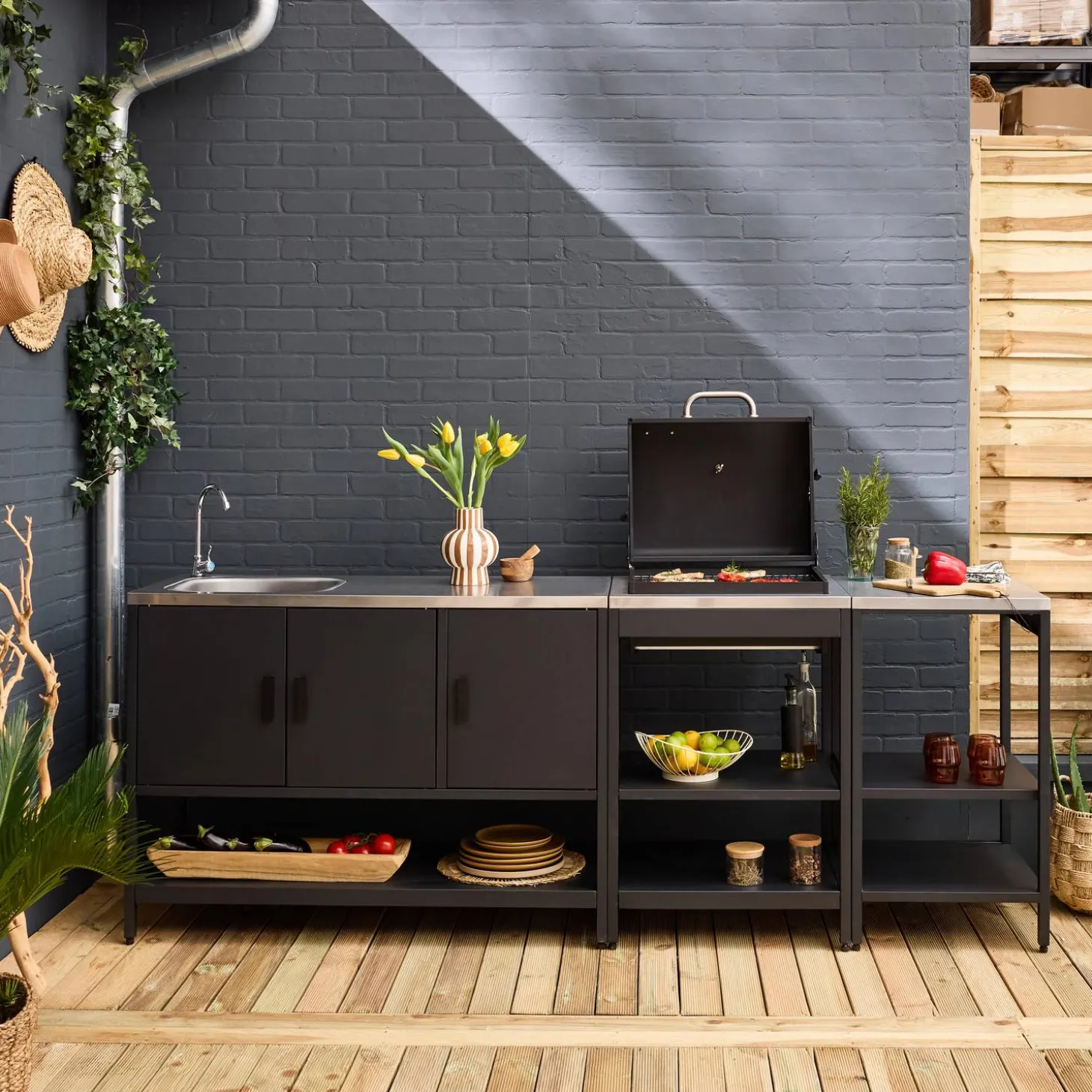 Cocina exterior 3 módulos acero inoxidable con barbacoa de carbón