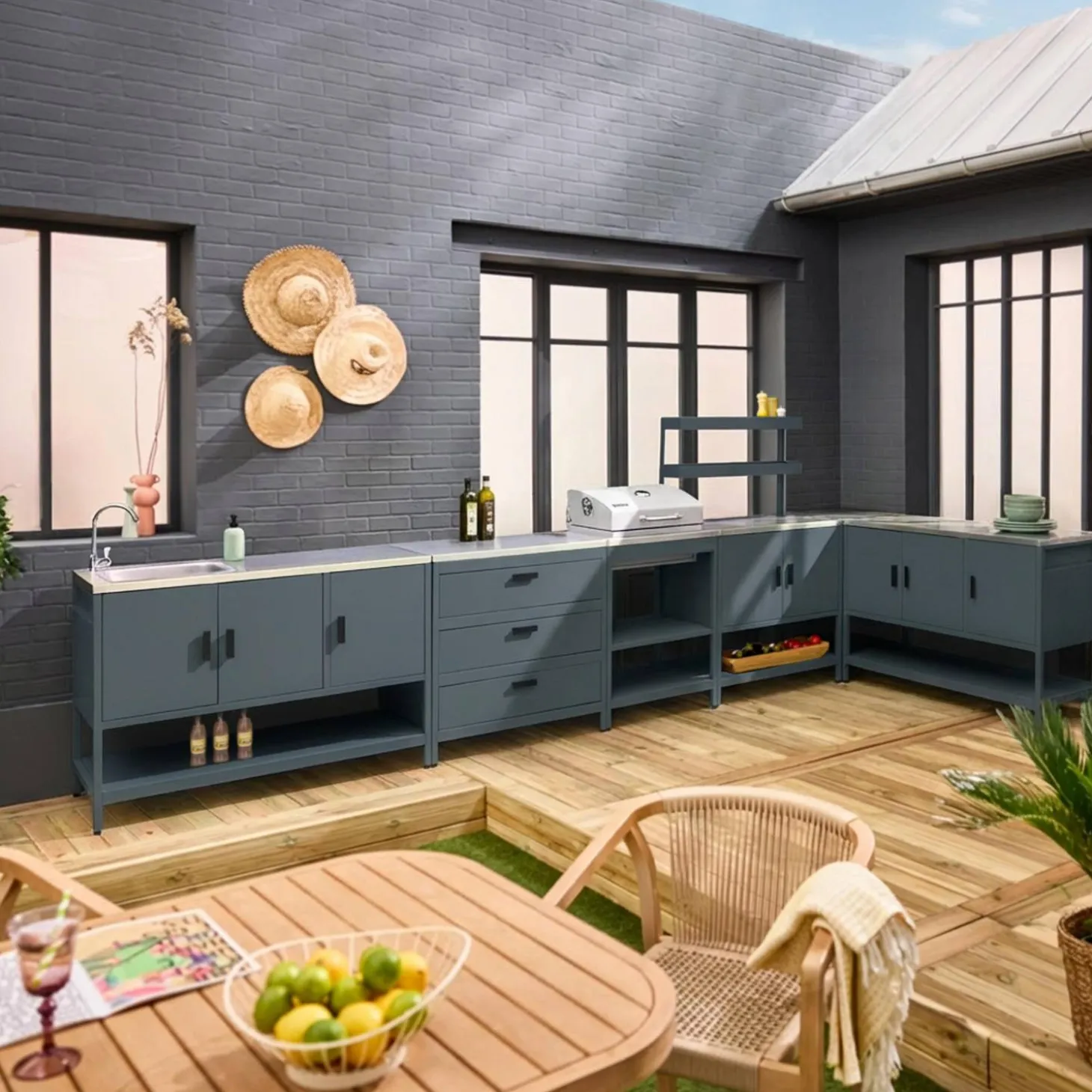 Cocina exterior 6 módulos acero inoxidable con barbacoa de carbón