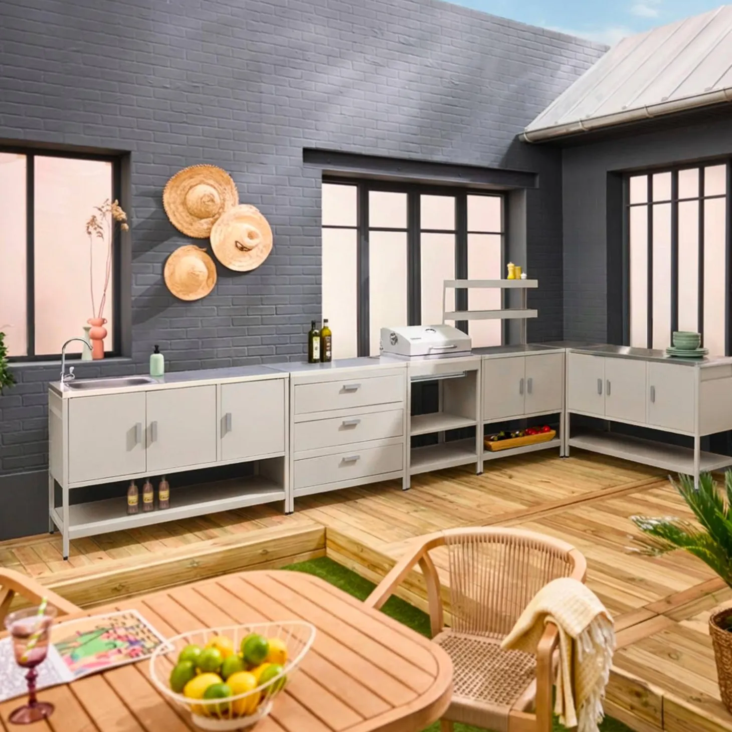 Cocina exterior 6 módulos acero inoxidable con barbacoa de carbón