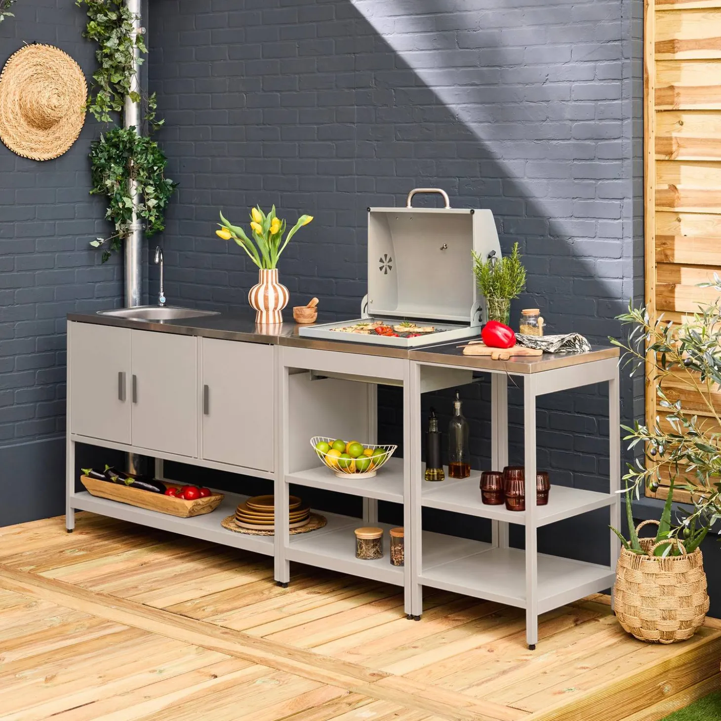 Cocina exterior 3 módulos acero inoxidable con barbacoa de carbón
