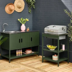 Cocina exterior 2 módulos acero inoxidable barbacoa de carbón con fregadero